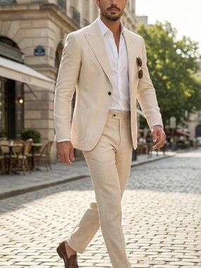 Men's Cream Linen Suit - Classic Tailored Blazer & Trousers